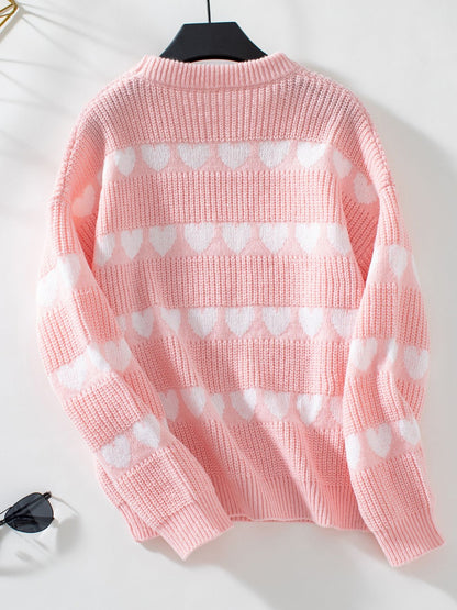 Heart Round Neck Dropped Shoulder Sweater