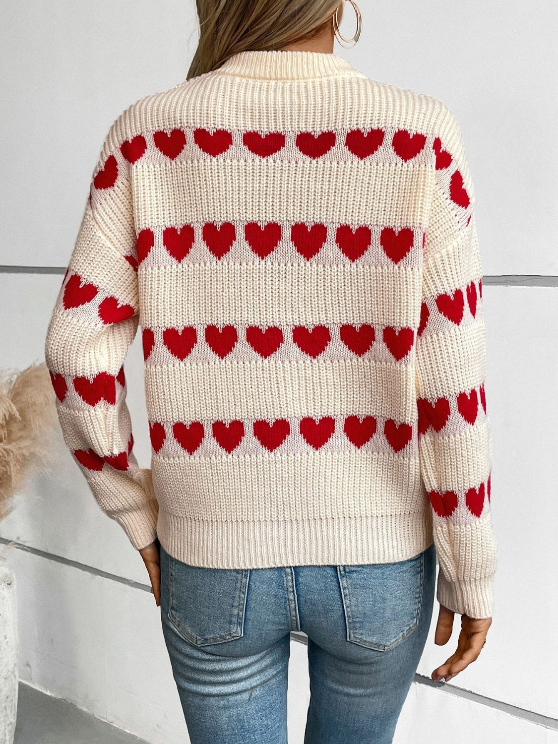 Heart Round Neck Dropped Shoulder Sweater